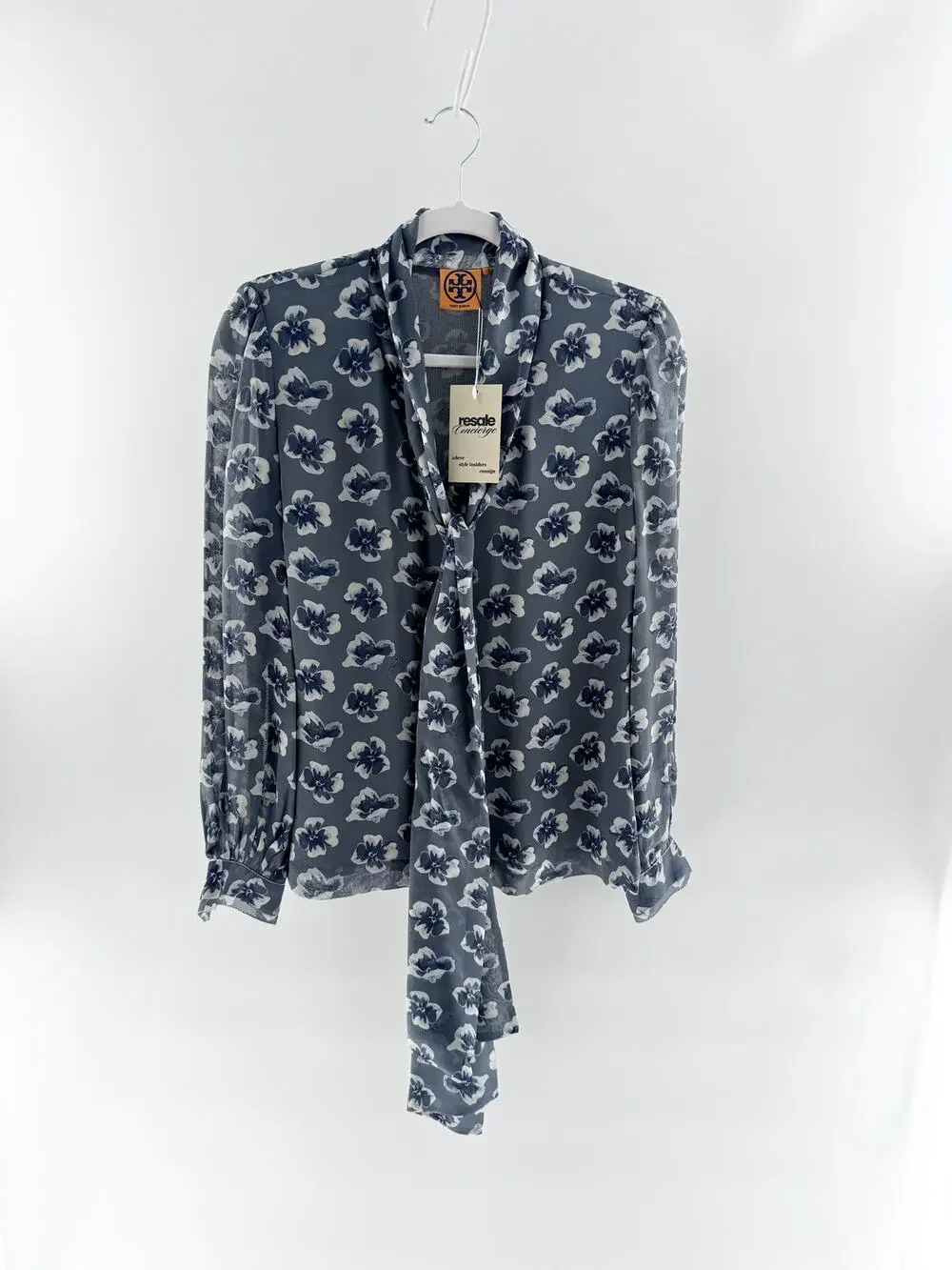 Tory Burch 100% Silk Floral Long Sleeve Blouse with Tie Neck Detail Blue White 2